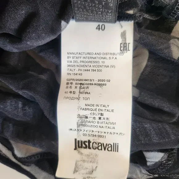Just Cavalli Black Sheer Top Shirt Long Sleeve Size 40 US Small High Neck Velvet - Picture 7 of 9